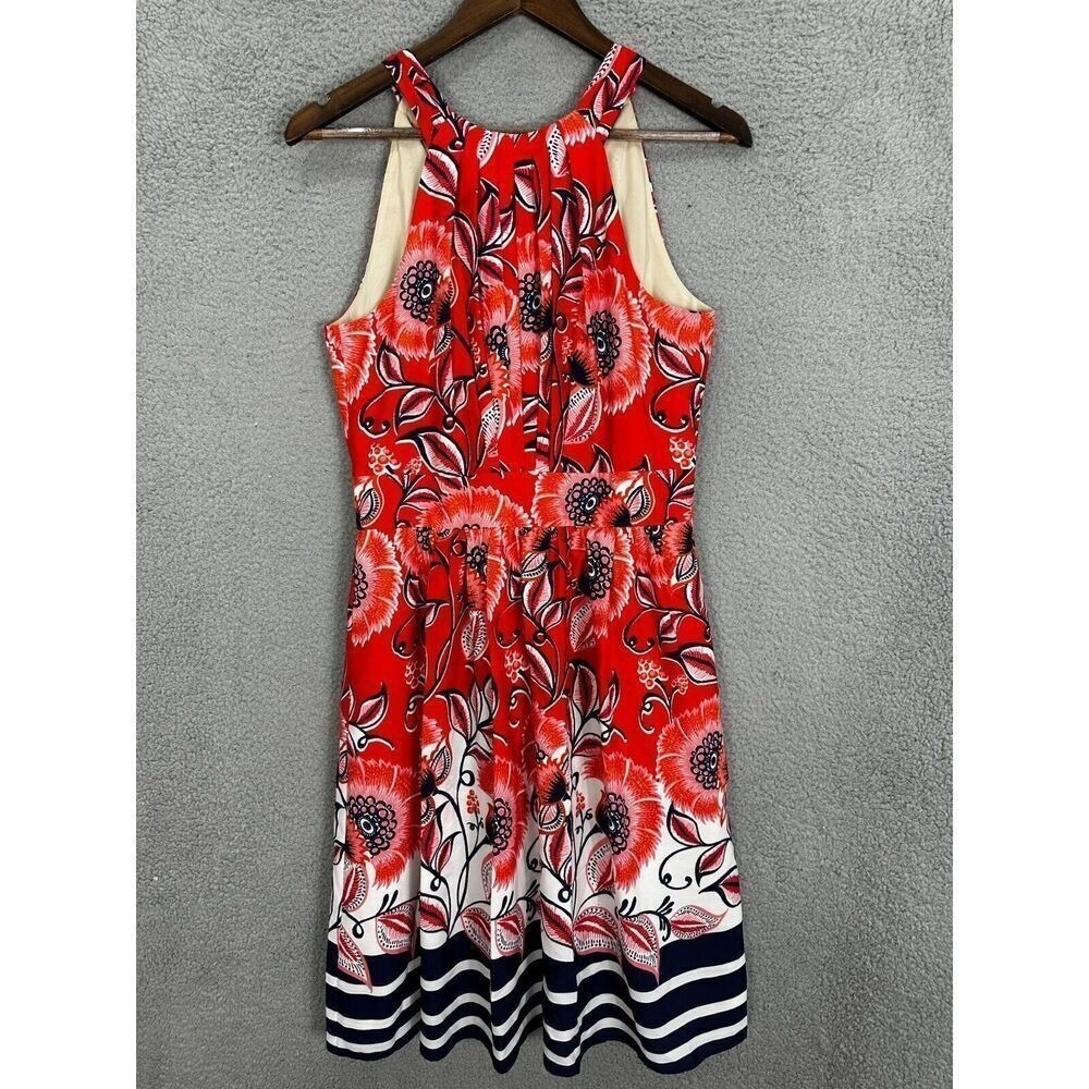 Eliza J Floral Halter Dress Red Navy White Striped Hem Size 8 Fit & Flare Summer